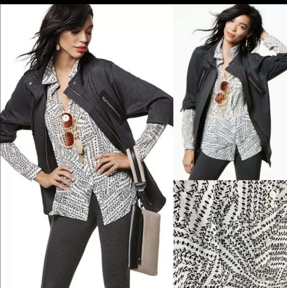 Cabi Printed Leaf Blouse 3255 Split Back Button Up Flowy Oversized Top  Career S
